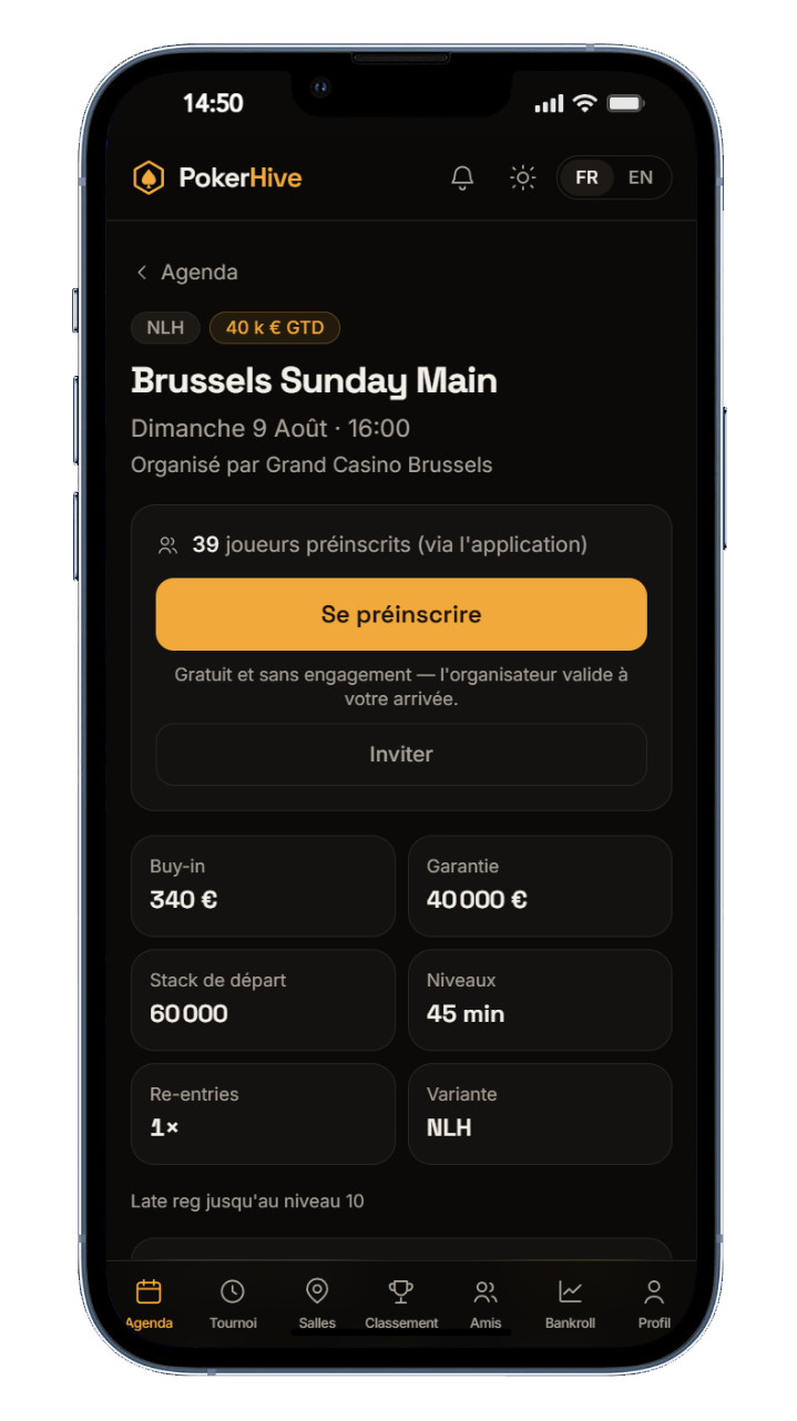 Fiche d'un tournoi dans l'app PokerHive : bouton « Se préinscrire », buy-in, garantie et structure.